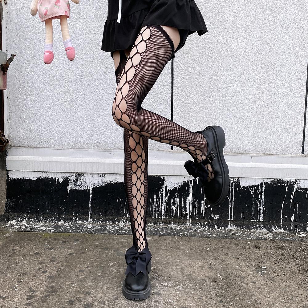 JK Lolita garter stockings, trendy black stockings, summer thin Japanese retro over-the-knee long ripped stockings for women