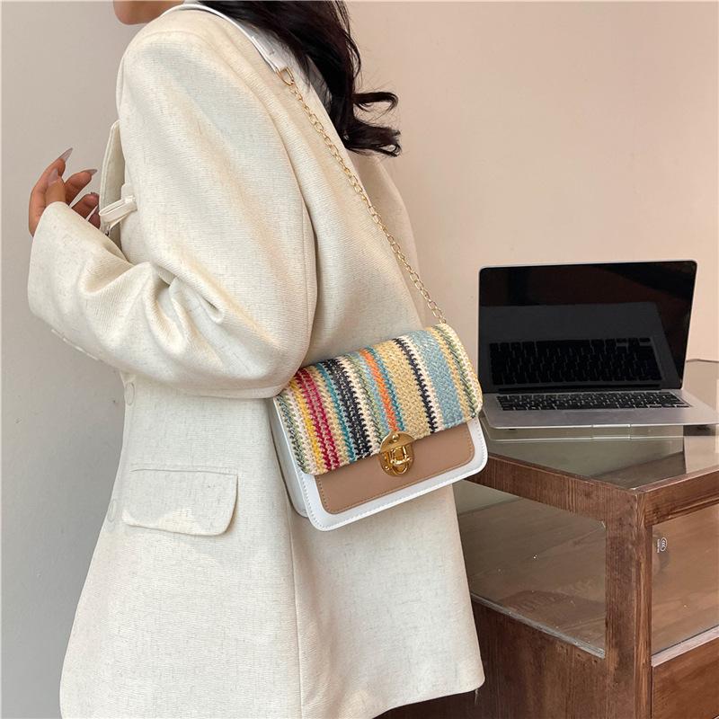 Fashionable and Casual Straw-woven Small Fresh and Fashionable Handbag New Style Personality Contrasting Small Square Bag for Women