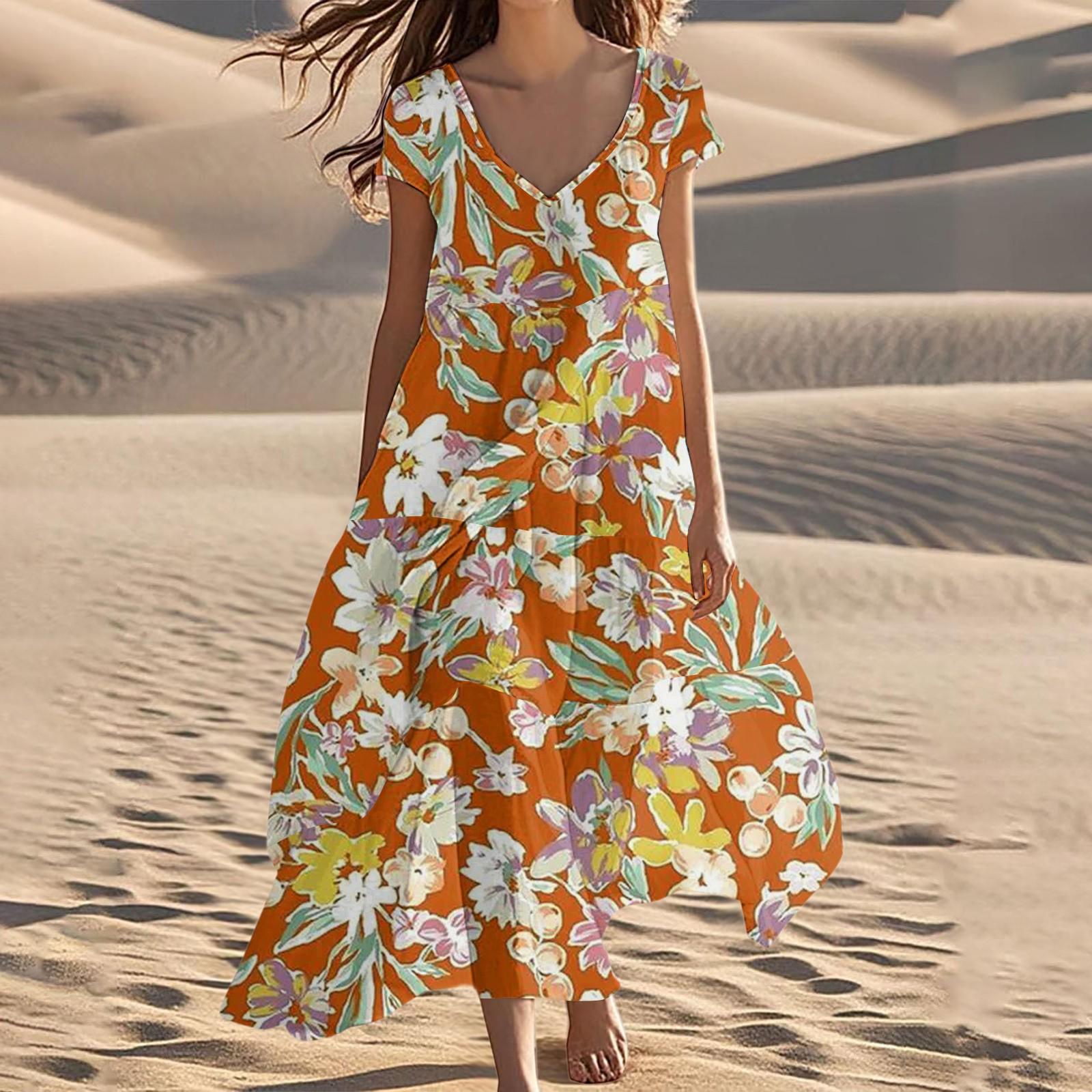 

Женские летние модные пляжные платья с V-образным вырезом и коротким рукавом с цветочным принтом M оранжевый