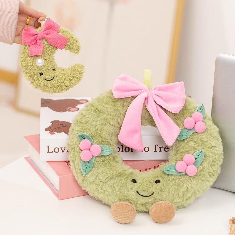 Sweet Green Wreath Plush Toy Stuffed Smiling Humanoid Pink Bow Tie Plushie Kawaii Home Decor Christmas Gift