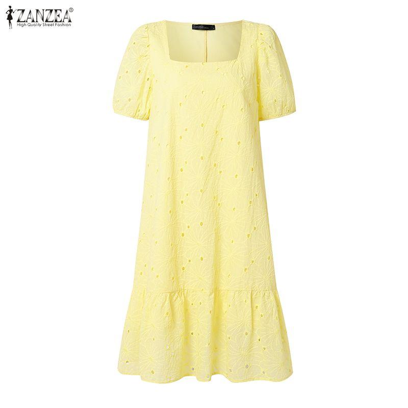 ZANZEA Women Summer Elegant Casual Square Collar Lace Crochet Patchwork Half Sleeve Dress