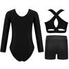 Girls Gymnastics Dance Set Long Sleeve Metallic Patchwork Leotard Cross Back Vest Rhinestone Waistband Shorts