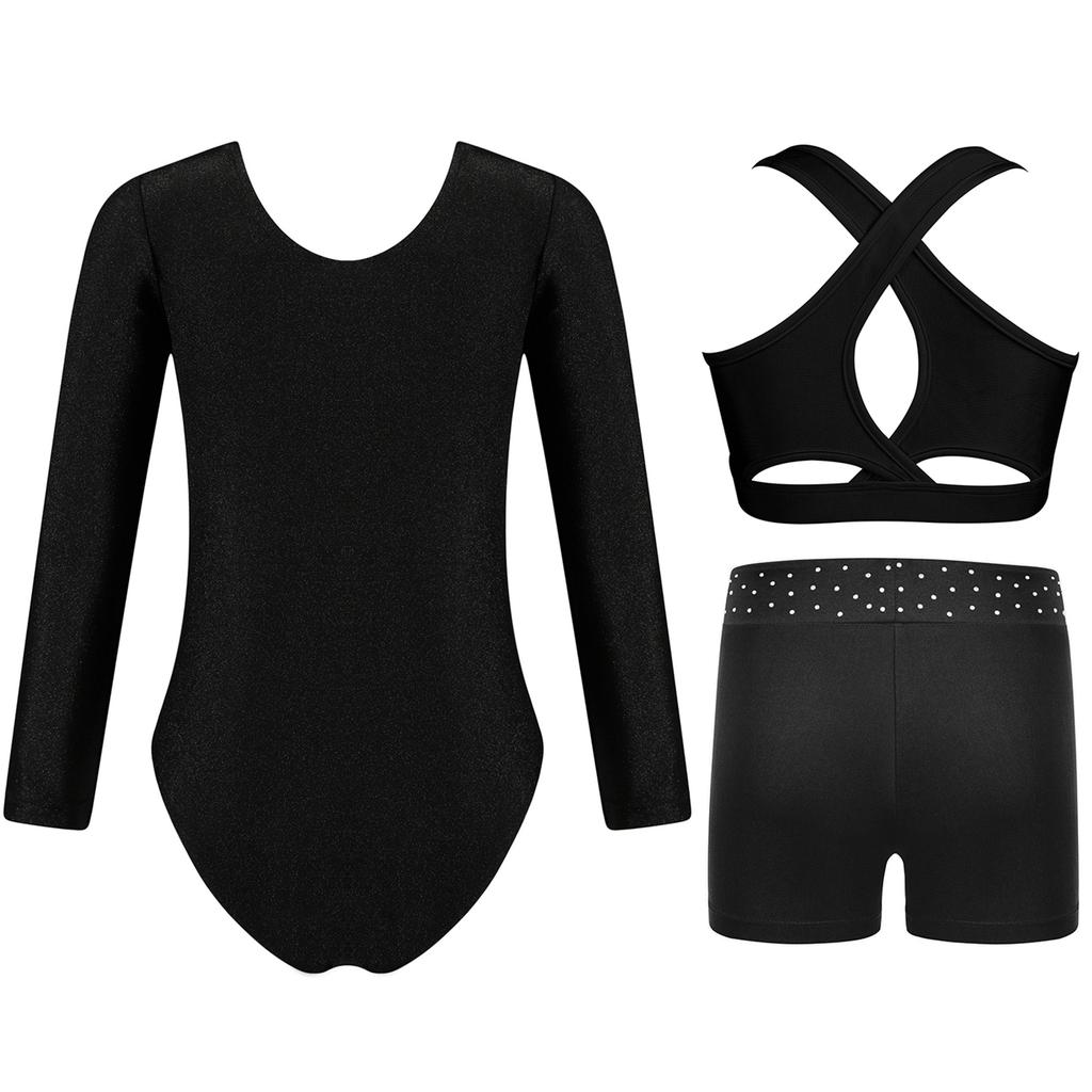 Girls Gymnastics Dance Set Long Sleeve Metallic Patchwork Leotard Cross Back Vest Rhinestone Waistband Shorts