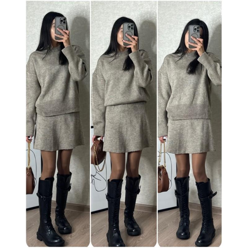 Einfarbiges, lässiges Set im College-Stil für Damen im Frühling und Herbst, gestricktes Langarm-Sweatshirt + kurzer Rock, zweiteiliges Set