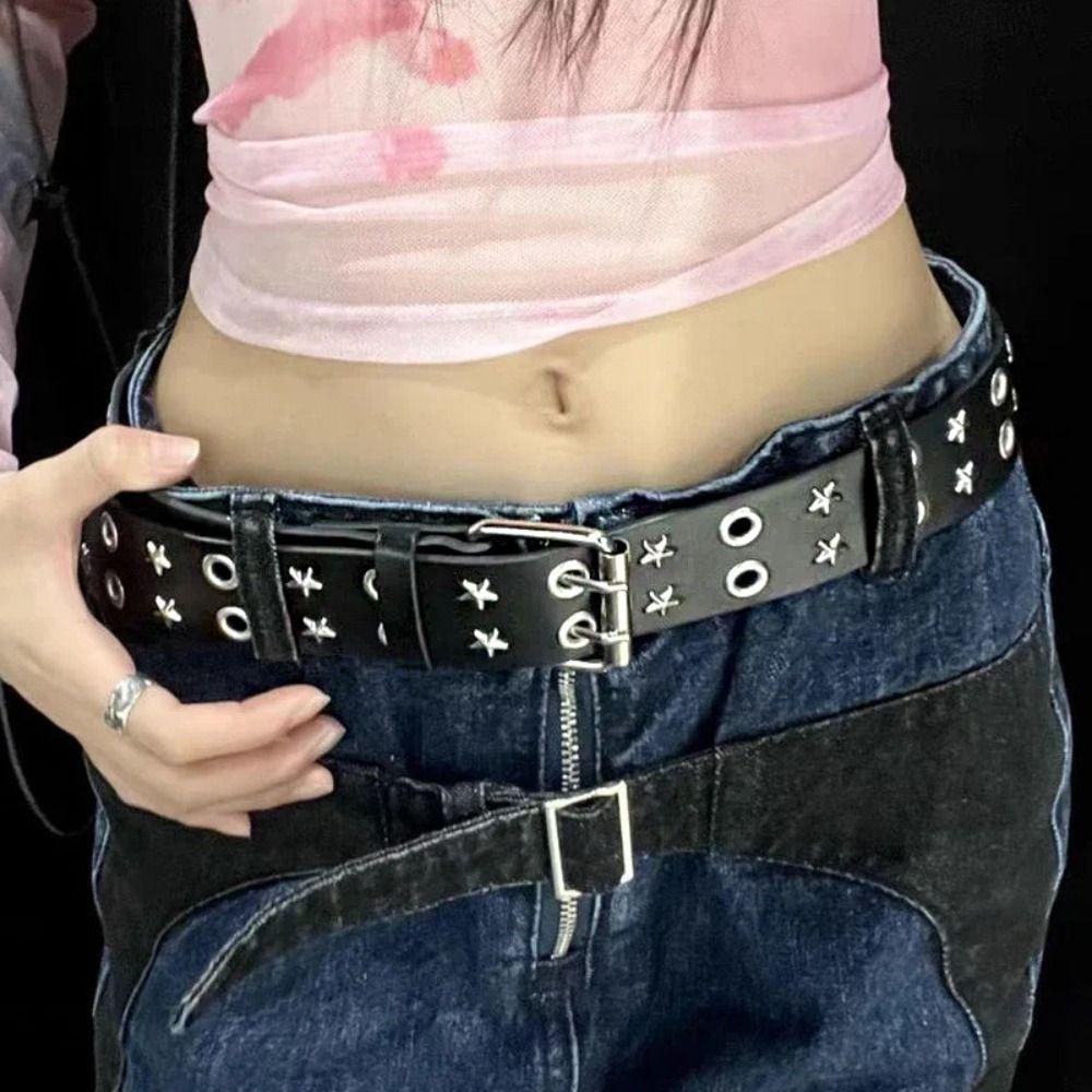 Metal Star Rivet Belt PU Leather Y2K Belt Vintage Double Row Buckle Waistband Female