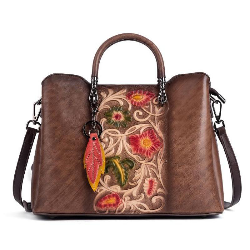 Johnature Borsa versatile in vera pelle da donna, vintage, fatta a mano, in pelle di mucca naturale goffrata, borse a tracolla