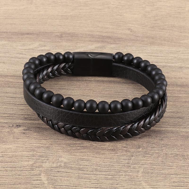 Natural Stone Volcanic Rock Men's Multi-Layer Leather Woven Bracelet