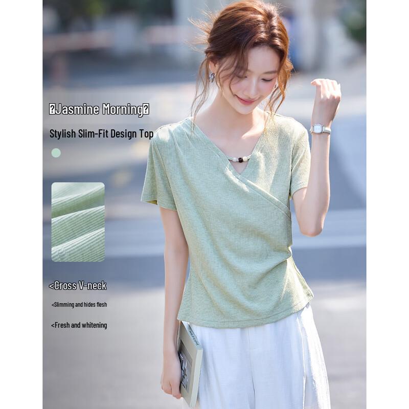 Women s Elegant Beaded V-Neck Short Sleeve T-Shirt M