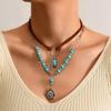 Jewelry Retro Imitation Turquoise Collarbone Chain Niche Ethnic Wind Leaf Love Cow Head Inlaid with Turquoise Multi-layer