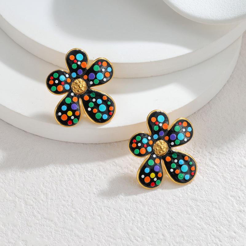 18k Gold Hong Kong Style Stainless Steel Drip Oil Flower Stud Earrings - Retro Fashion Titanium Steel New Year Ornament