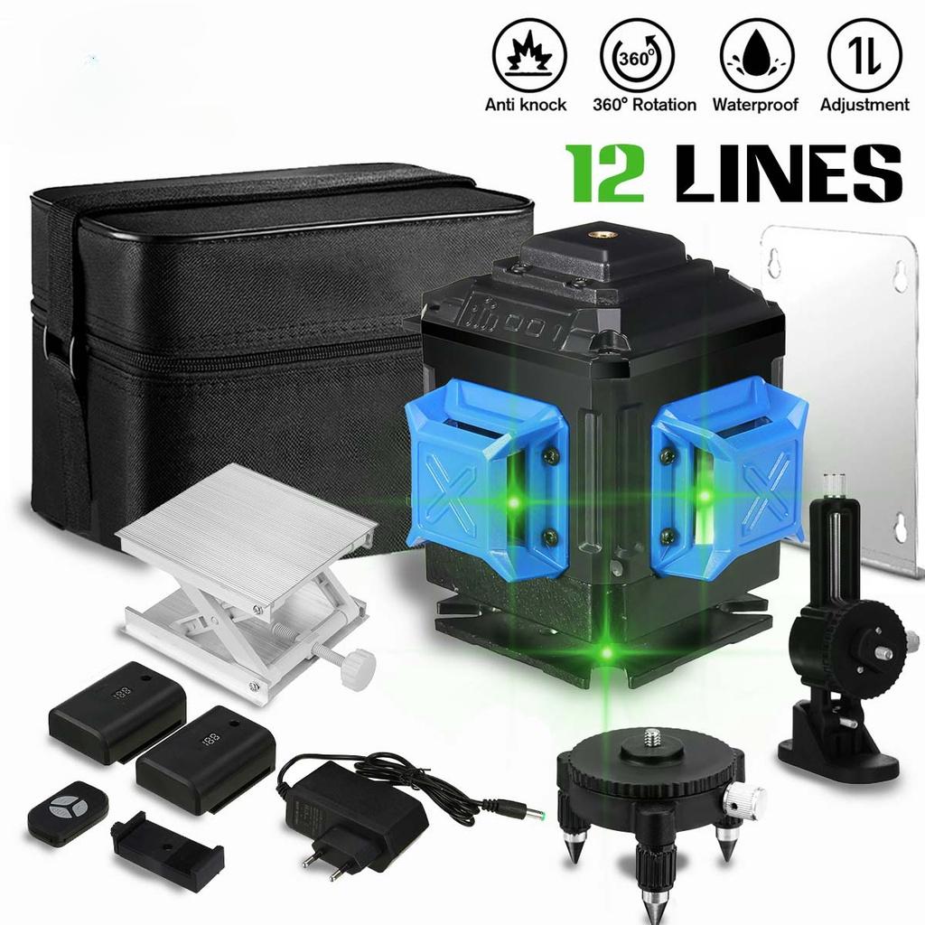 12 Lines 3D 360 Self-Leveling Horizontal And Vertical Powerful Cross Green Lines With 2 Batteries Laser Level