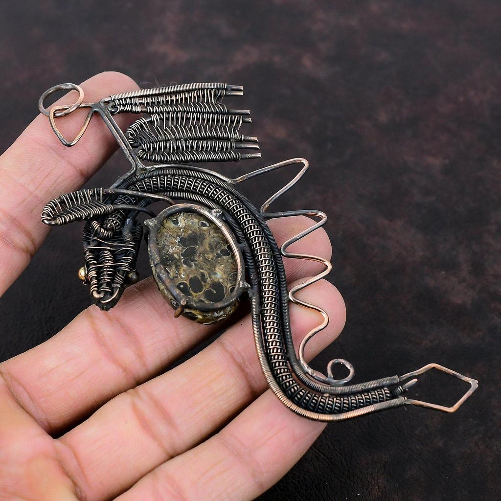 Turritella Agate Pendant Copper Wire Wrapped Pendant Gemstone Dragon Pendant Copper Wire Jewelry Engagement Gift Handmade Pendant For Women