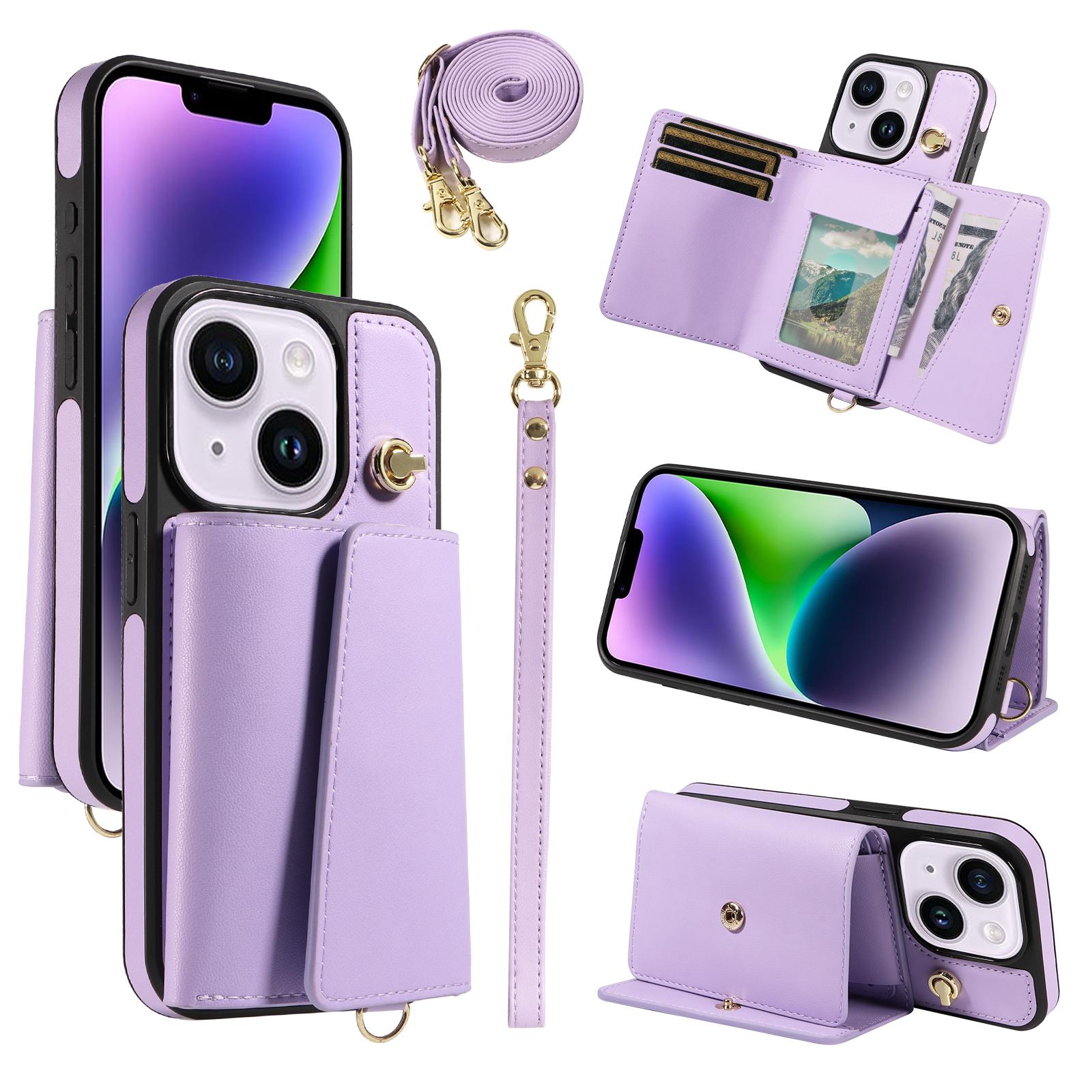 

Для iPhone 15 Plus/14 Plus Чехол-кроссбоди для телефона Держатель для карт Подставка Кожаное покрытие ТПУ Мобильный чехол Purple