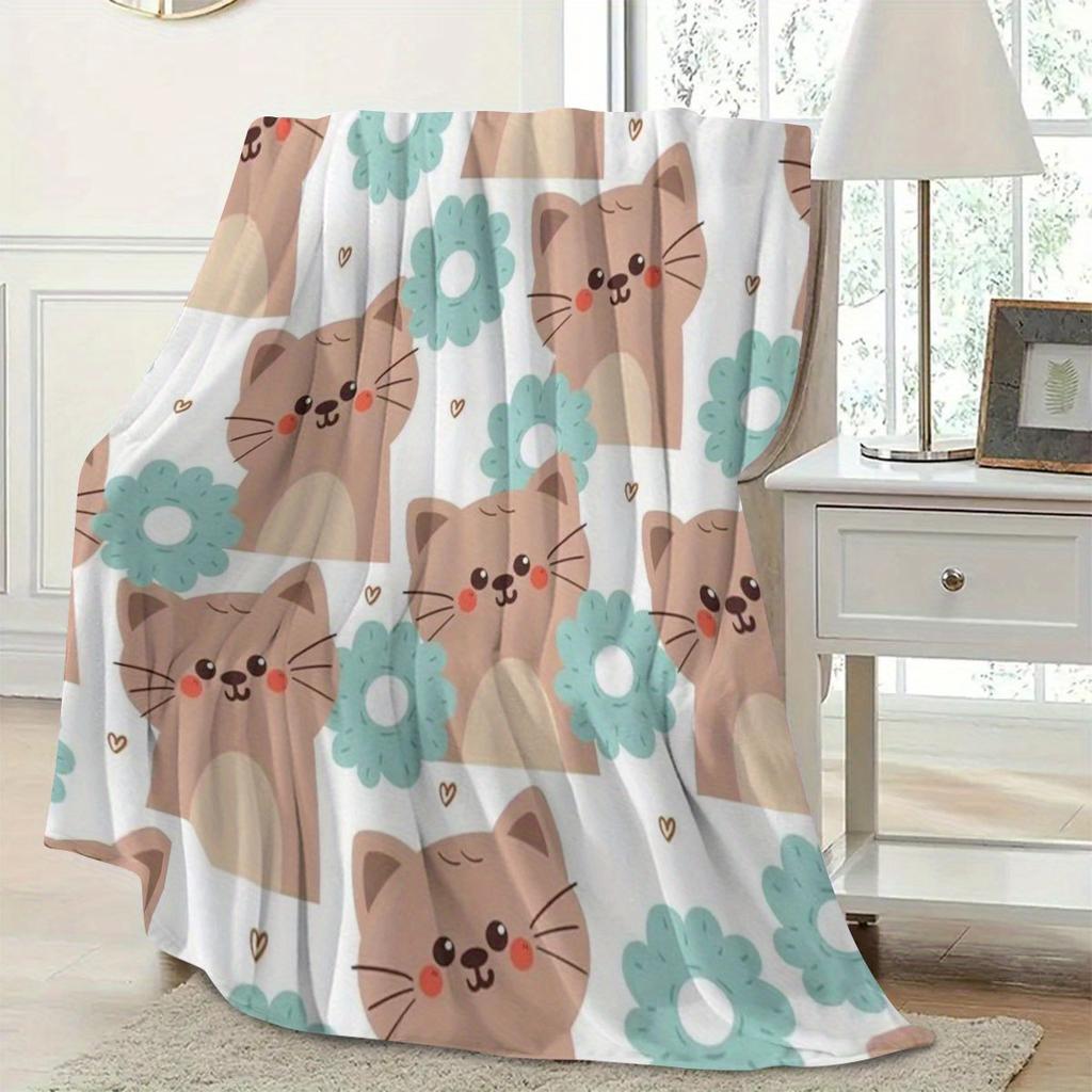 Cartoon Cat Flannel Blanket - Soft Digital Print Blanket for Camping/Sofa/Bed, Comfortable Men/Women Gift for All Seasons