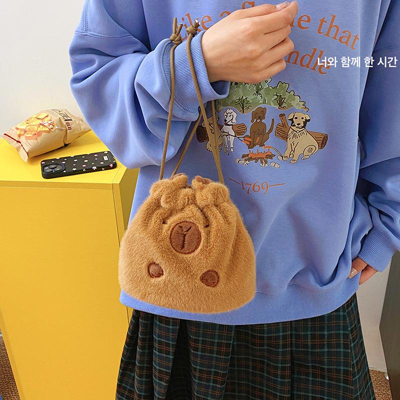 Niedliche Wasser-Meerschweinchen Plüschtasche Mädchen Herz weiche Mädchen Handtasche Kapibara Kordelzug Glückstüte Wechselgeldbeutel
