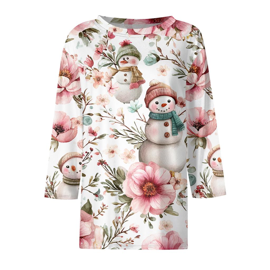 3/4 Length Sleeve Womens Tops Floral Print Vintage Fashion Casual Loose With Round Neck Plus Size Shirts