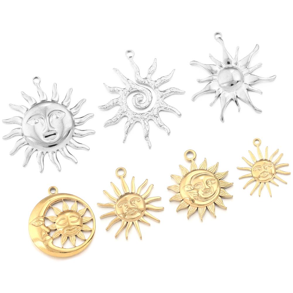 2pcs/lot Stainless Steel Retro Pendant Gold Color Sun Flower Moon Shape Charms For DIY Crafts Necklace Earrings Gift Accessories