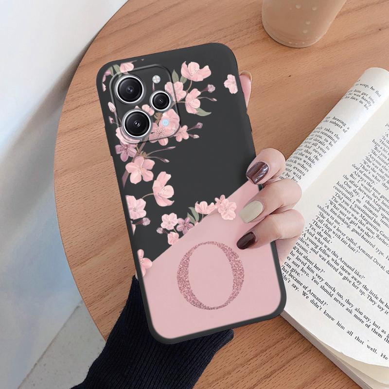 For Redmi 12 Note 14 Pro Phone Case Pink Flowers Initial Letter A To Z Silicone Soft Back Cover Alphabet Coque Shell Couple Capa