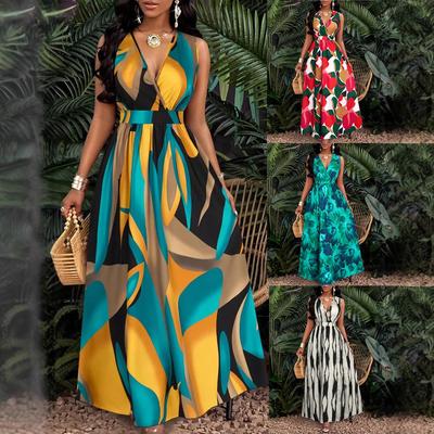 Tropical Print V-neck Waist Twist Knitted Slim-fit Flared Skirt Long Women's Clothing