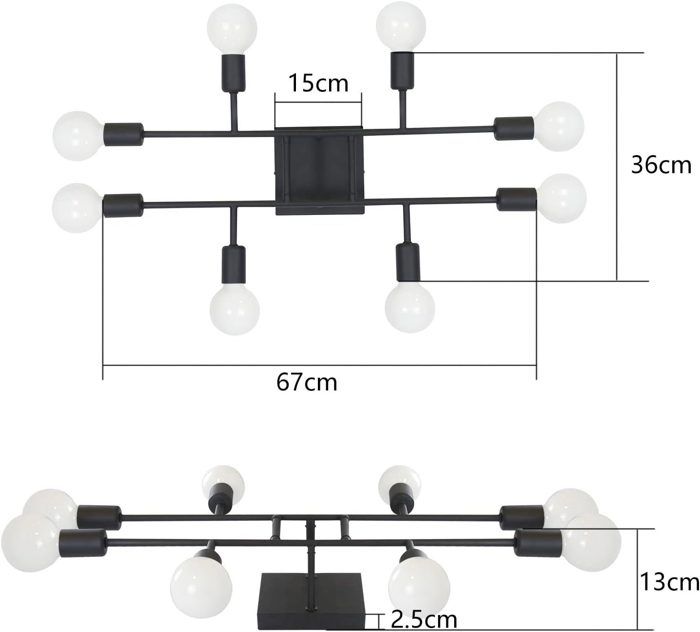 Living Room Ceiling Light - NETTLIFE - 8-light E27 Ceiling Light - Black - Metal - Diameter 67 Cm