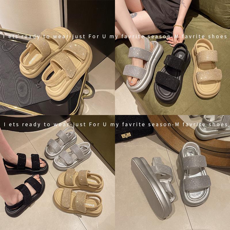 Sequined Velcro Muffin Beach Shoes Women's 2024 Summer New Casual Outer Wear Fashion Versatile One-pedal Sandals