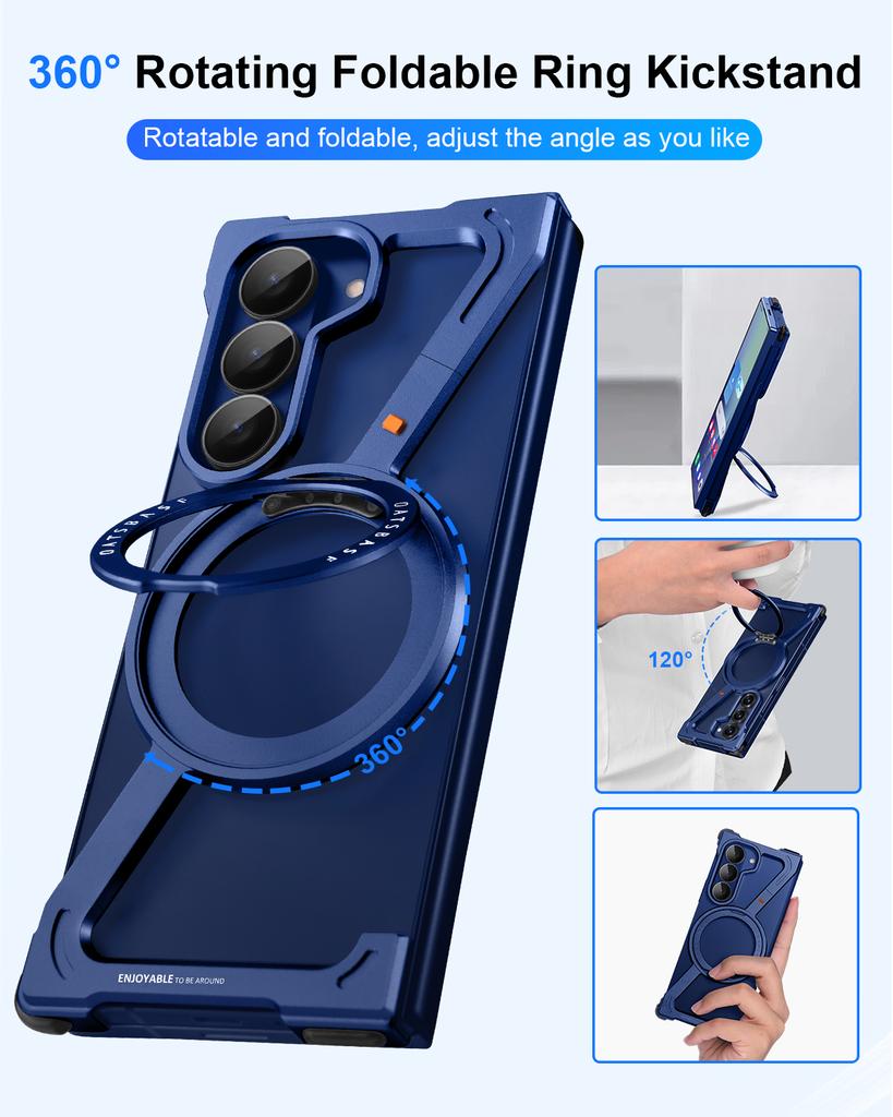 Oatsbasf Frameless Z Case for Samsung Galaxy Z Fold 7 Phone Case with 360° Rotatable Ring Metal Phone Cover Shockproof Bumper