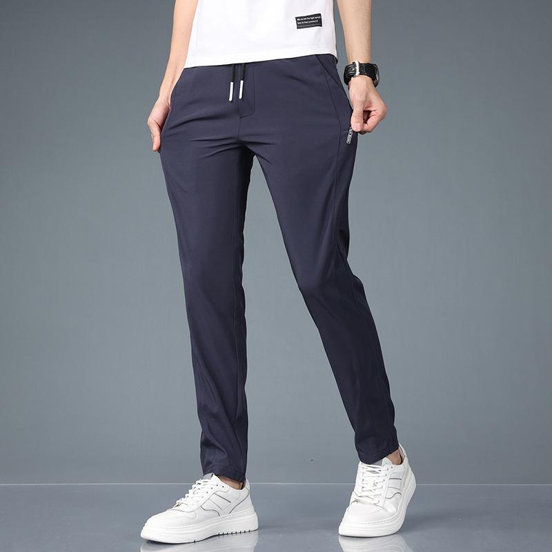 Ice Silk Men's Pants Summer Black Gray Thin Business Casual Pants Outdoor Elastic Breathable Straight Leg Sweatpants