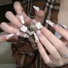Korean Style Nude Pink 3D Bow False Nails - Milky White Translucent Base for Daily Wear