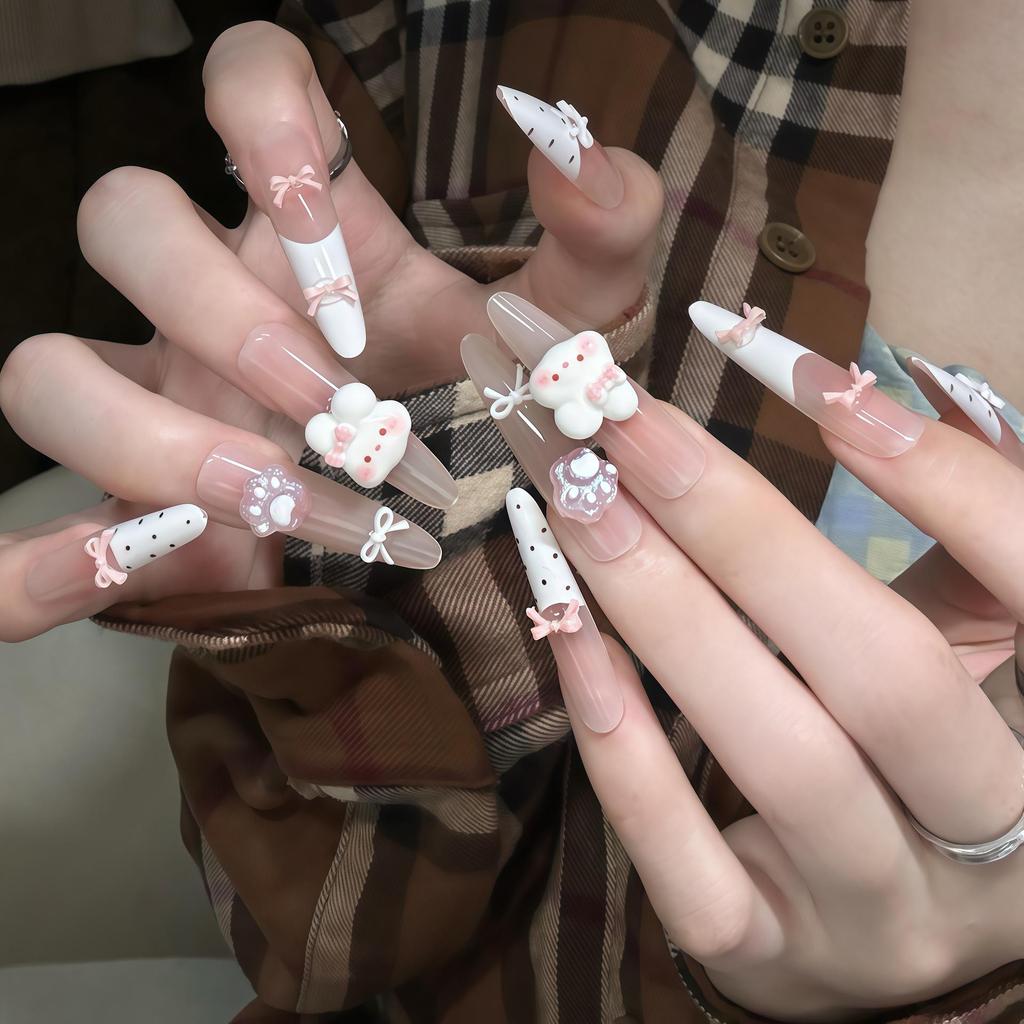 Korean Style Nude Pink 3D Bow False Nails - Milky White Translucent Base for Daily Wear
