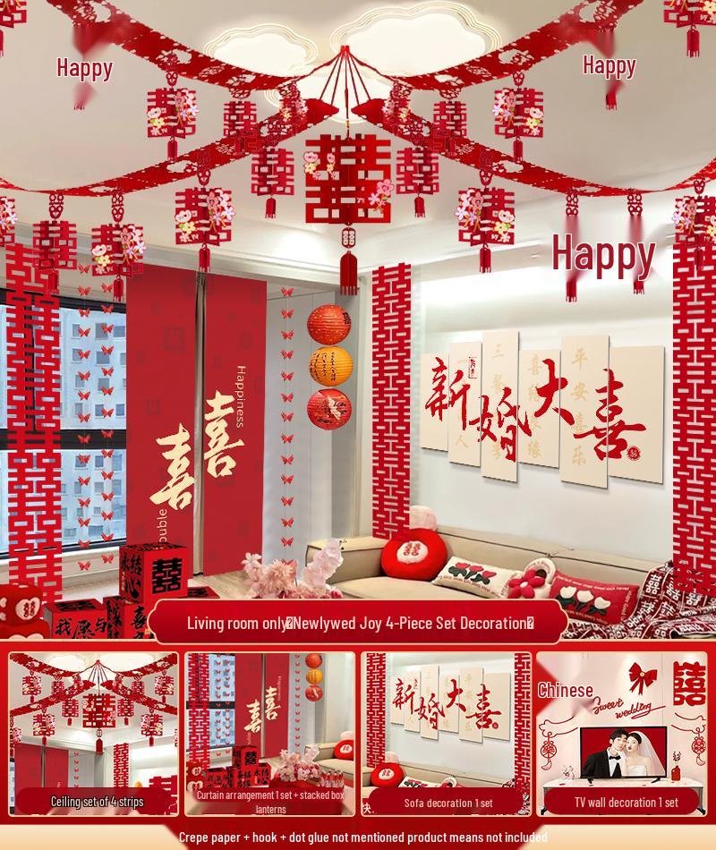 Hanging Double Happiness Cloth Banner for Wedding and Engagement Decor In Living Room or Hotel