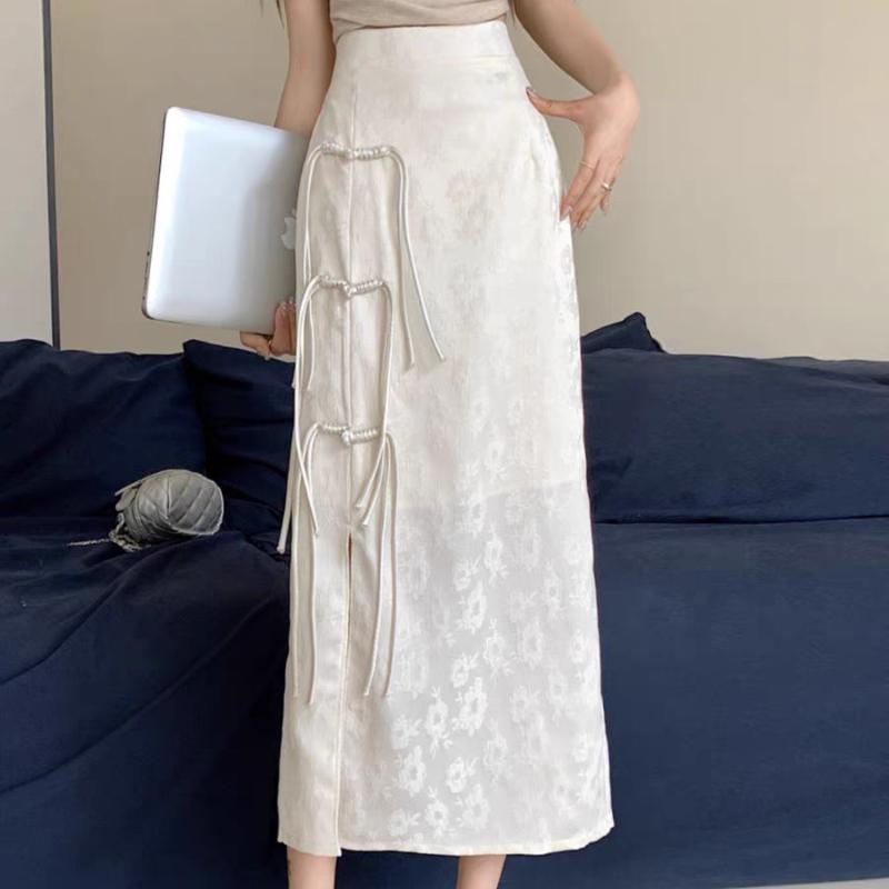 

Элегантная жаккардовая облегающая юбка в китайском стиле, женская однотонная юбка-карандаш с высокой талией и разрезом на пуговицах в китайском стиле M