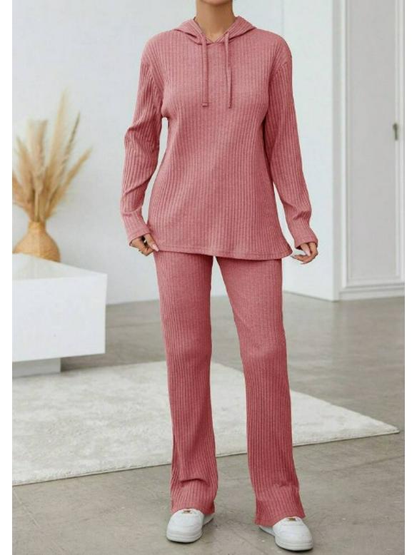 Set nou pentru femei, casual, cu pulover tricotat cu glugă cu dungi și pantaloni largi cu mâneci lungi pentru primăvară/toamnă