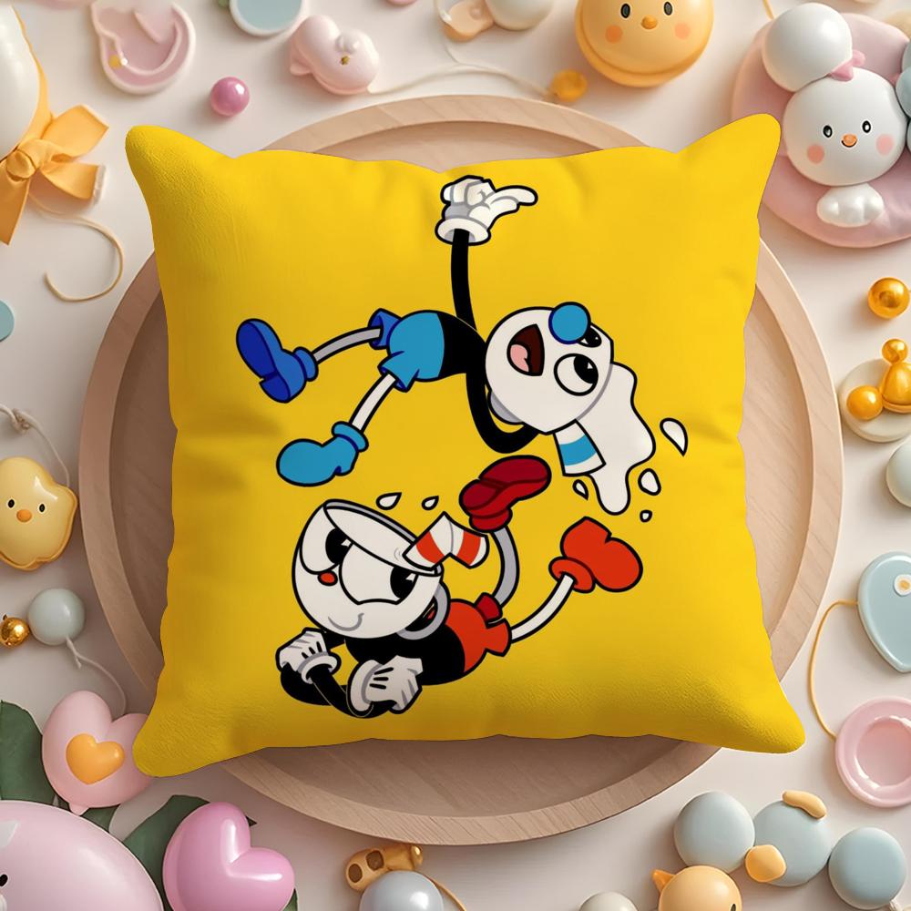 Classic Cute Game C-Cuphead Cushion Cover Plush Fabric Soft Double-Sided Printed Sofa Pillow Case Colorfast Home Decor Gift