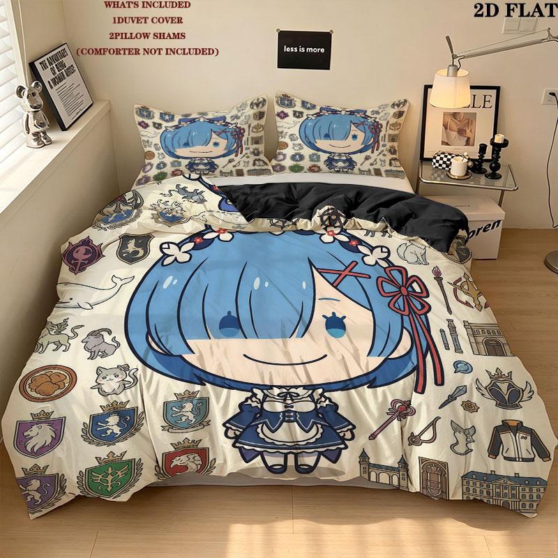 Set Copripiumino Trapuntato con Fantasia Re Zero Federa Regalo di Compleanno per la Casa(1 * copripiumino + 2 * federa, senza nucleo)