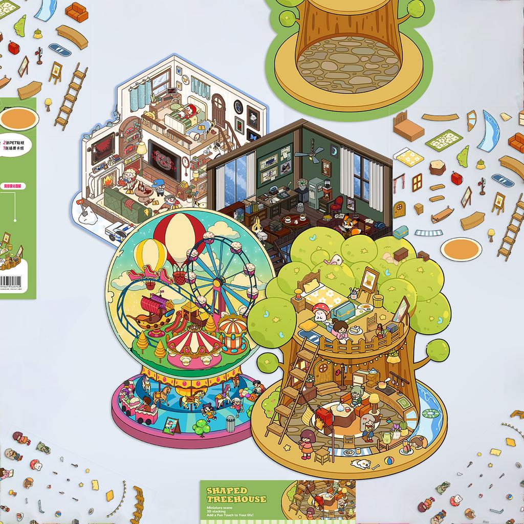 Cartoon Landscape Sticker Cute Miniature World 3D Three-dimensional House Unzipped DIY Scene Handbook Sticker