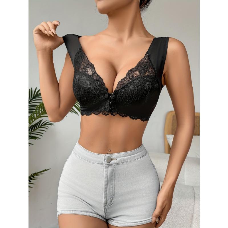 Simple Solid Contrast Lace Front Buckle Bra, Comfy & Breathable Wireless Push Up Bra, Women's Lingerie & Underwear