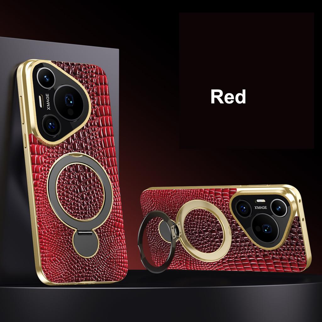 Lizard Pattern Genuine Leather Case For Huawei Pura 70 Pro Plus 360° Rotation Metal Bracket Electroplate Cover Shell