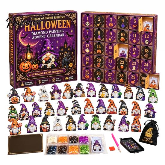 Kreative Aktivität für Erwachsene 31 Tage Zwerge Halloween Strassstein Malerei Adventskalender, DIY Falsche Diamantkunst Wiederverwendbarer Feiertagskalender Basteln
