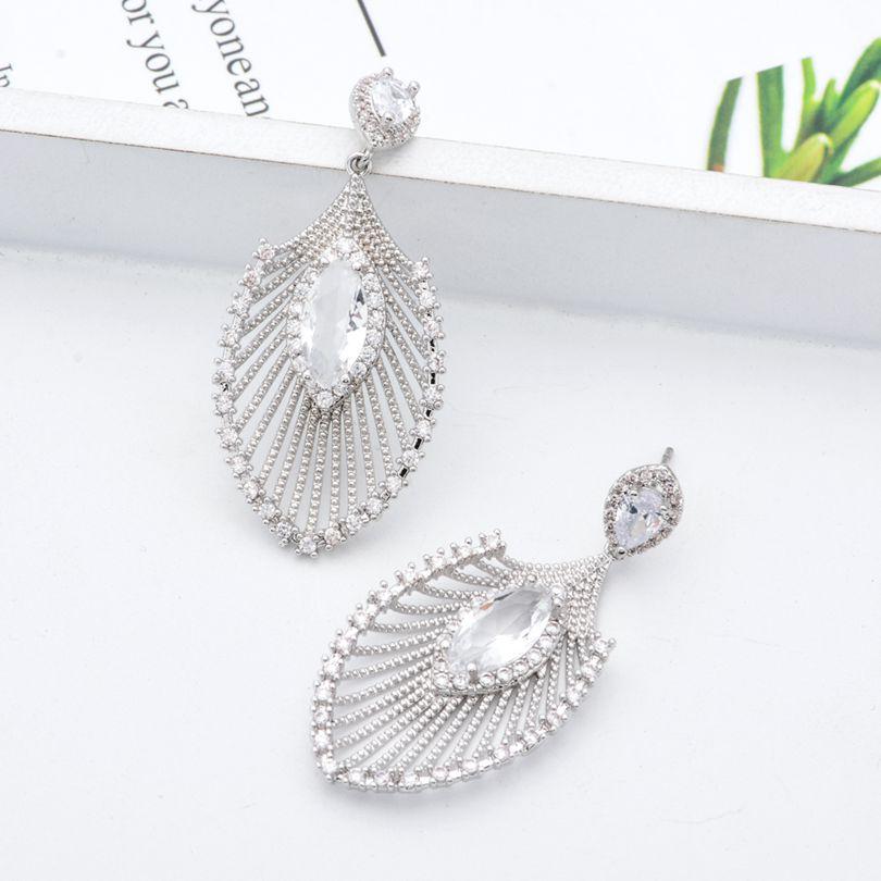 Cercei lungi cu pandantiv cu pene de lux CMM, cadou pentru banchet de mireasă, zircon, argintiu, cadou