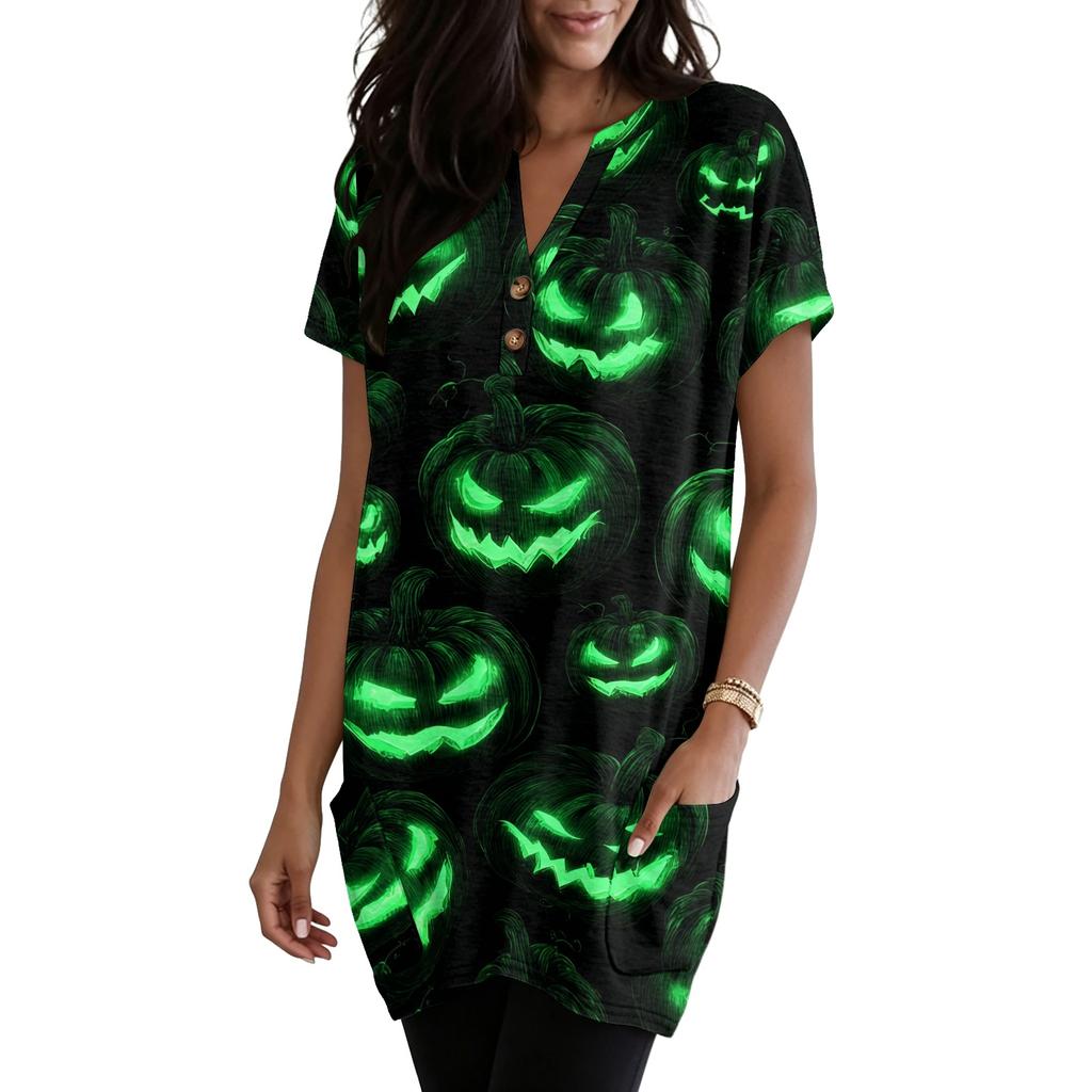 Women V Neck Pullover Dress Short Sleeve Halloween Print Pocket Casual Loose Fit Tunic Dress