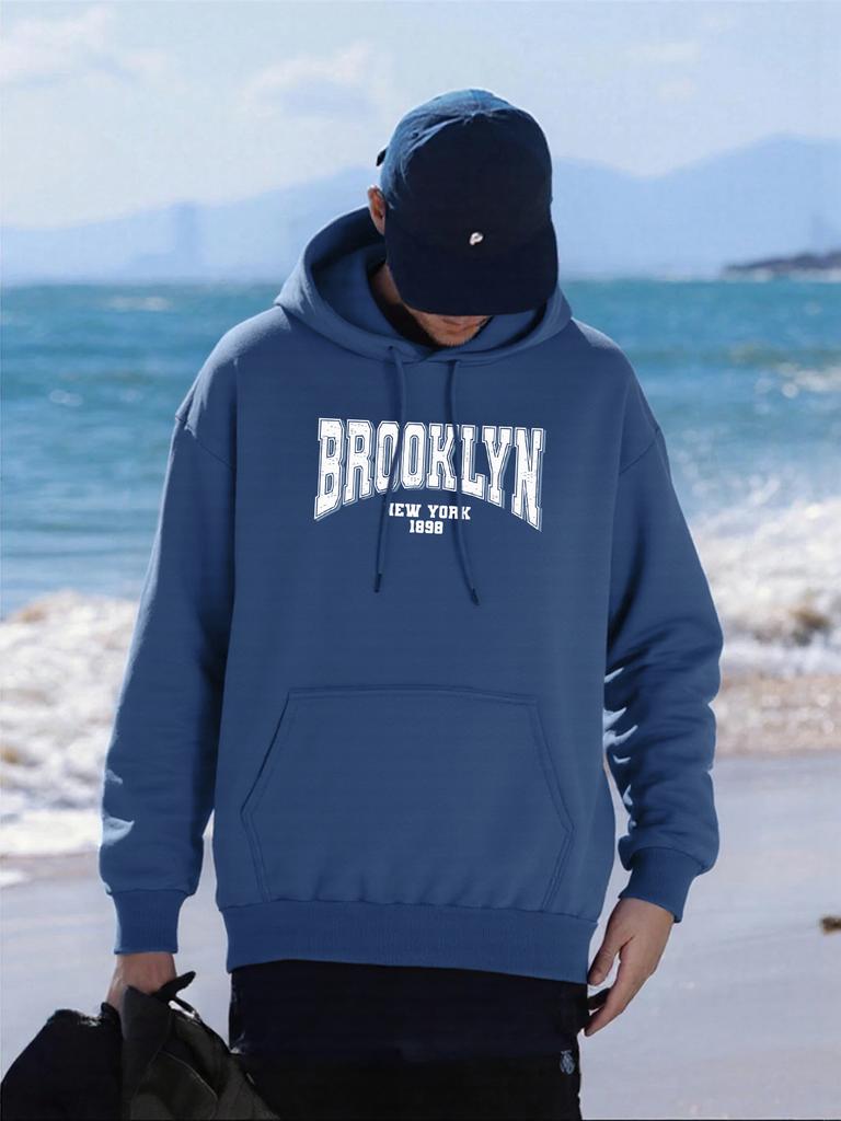 Brooklyn New York Art Letter Pattern Hoody Men Fashion Oversized Hoodie All-Match Fleece Pullover Autumn Pocket Man Streetwears