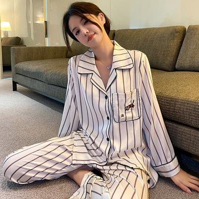 Traje de Pijama de Manga Larga para Primavera y Otoño para Mujer, Holgado, Casual, Satén de Seda, Ropa para el Hogar, Conjunto de Pijama de 2 Piezas, Ropa de Dormir, Ropa de Estar