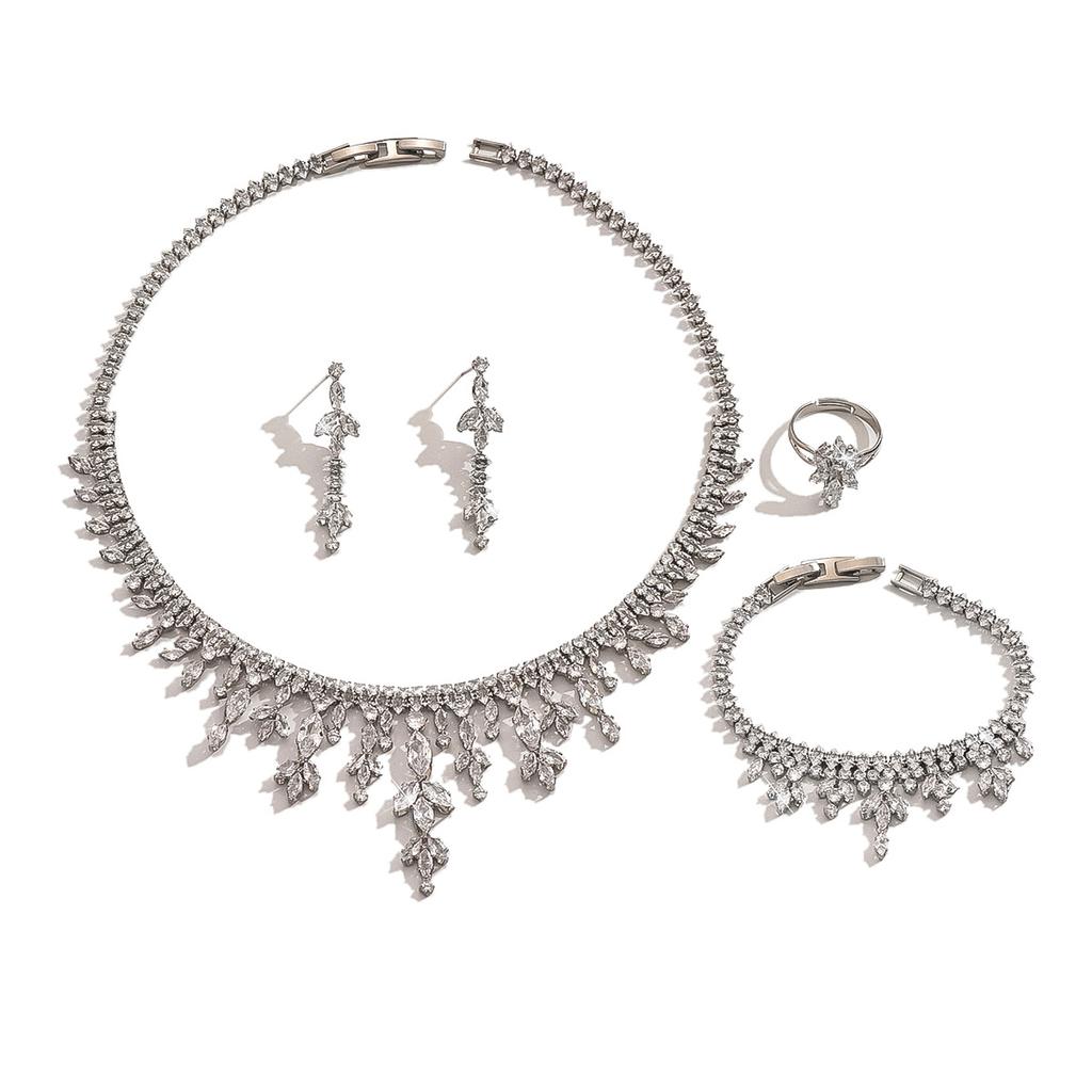 3PC Women's Fashion Zircon Geometric Tassel Necklace Earrings Rings Bracelets Zircon Set Wedding Party Festival Gift-8574