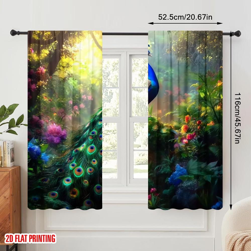 2pcs,2D Plane Printing Curtains Digital Printed Peacock Paradise Versatile Durable Polyester (without Rod) Room Decor for Living