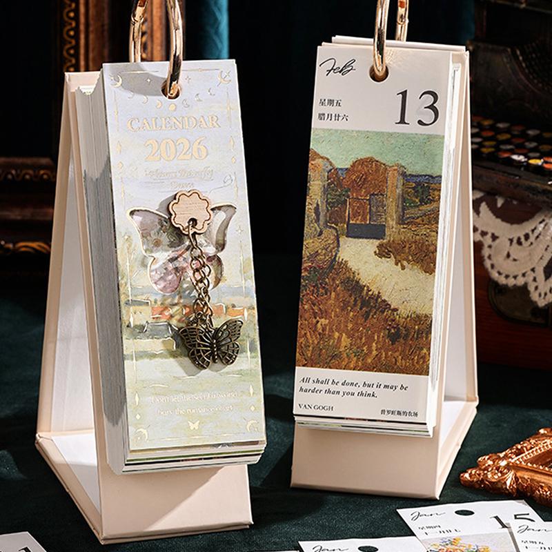 2026 Tischkalender Vintage Ölgemälde Inspirierende Zitate Einseitiger Umblätterkalender Tagesplaner