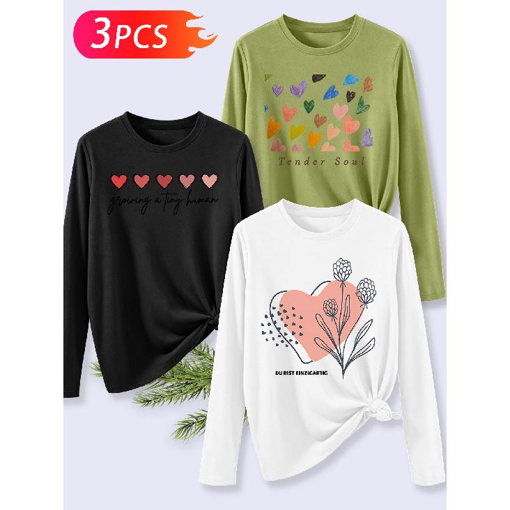 3Pcs Elegant Long Sleeve T Shirt Gift For Women Daily Leisure Nurturing New Life Soft Hearted Unique Print Pattern Set