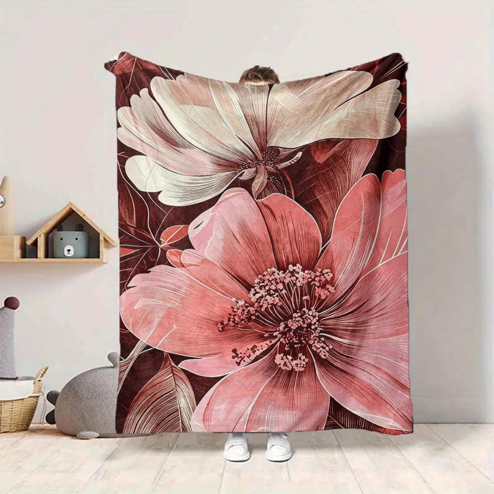 1Pc Floral Romance Pink White Blanket Soft And Comfortable Casual Warm Camping Travel Christmas Halloween Xmas Gift M9247