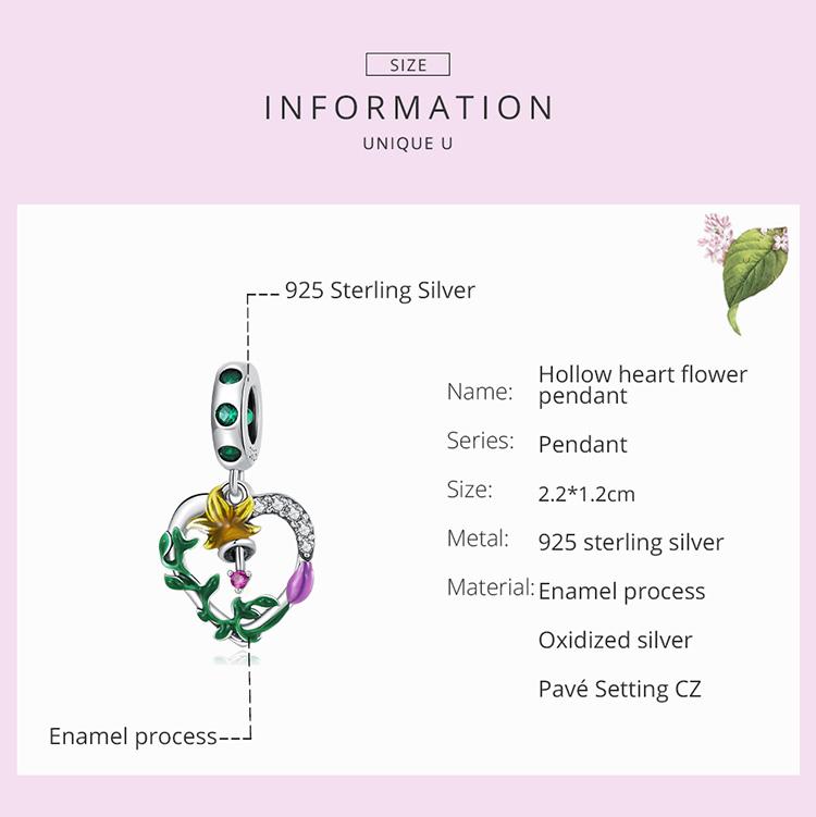 WOSTU 925 Sterling Silver Zircon Hollow Heart Flower Charm Pendant for Women DIY Original 3MM Bracelet Jewelry