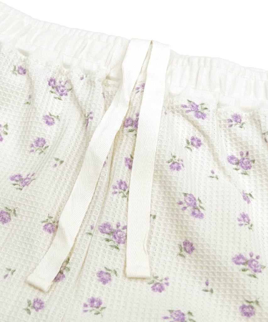 Pajama Set Waffle Flower Pattern Camisole Ruffle Shorts 3P Set Lavender [JE Morgan] &