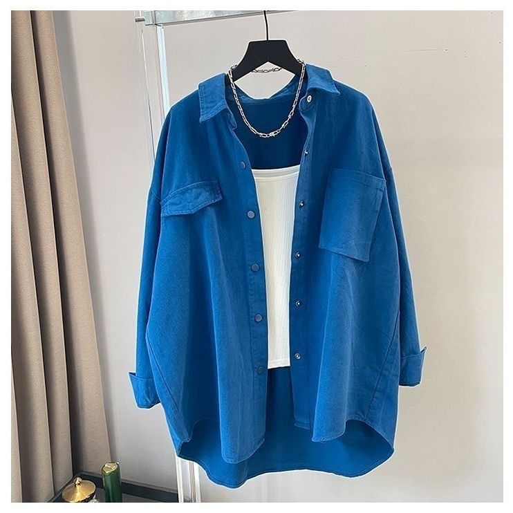 

Синяя рубашка куртка женская свободная весна и осень дизайн Sense карман с длинным рукавом рубашка для верхней одежды модная 3XL синий